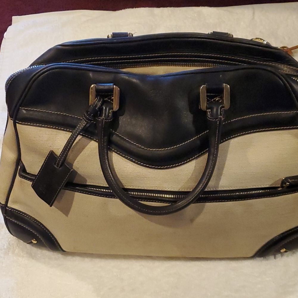 GUCCI  Black Leather & Beige Canvas